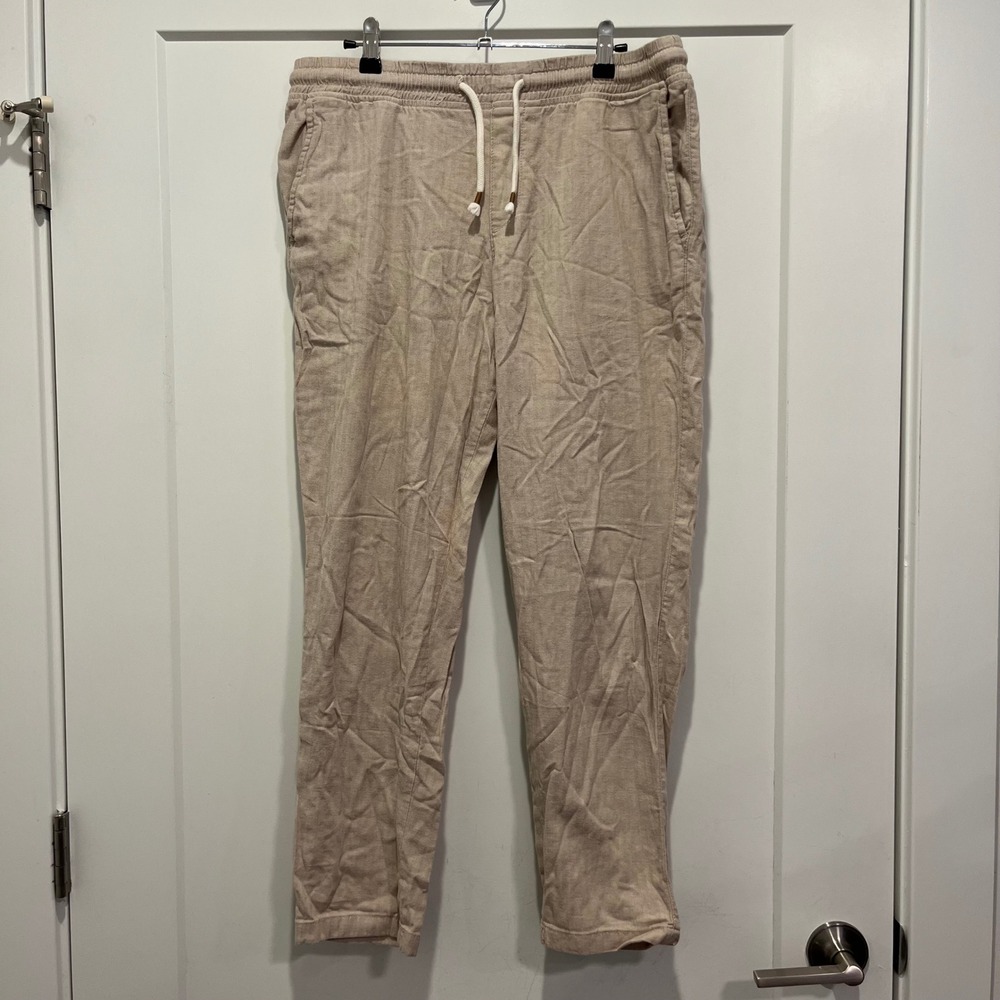 Jack & Jones Men Tan Linen Blend Jogger Pants Herringbone Drawstring 12210243